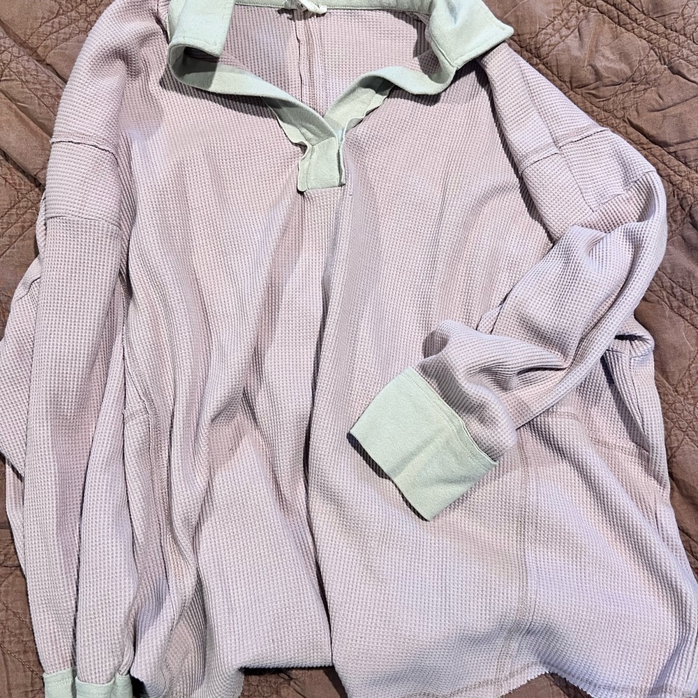 Peach Love California Lavender Waffle Knit Pullover with Mint Trim